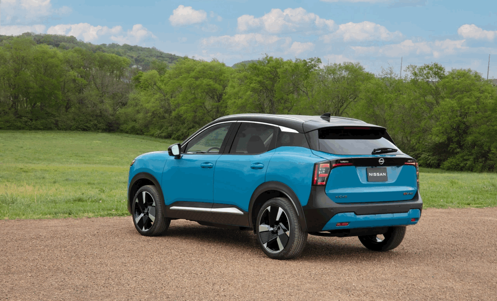 Blue 2026 Nissan Kicks rear view, versatile SUV available at Rendez-vous Nissan.